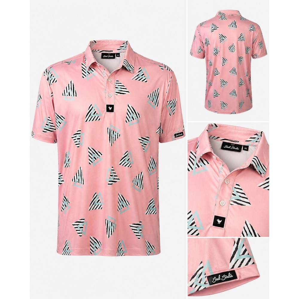 Bad Birdie XL Pink Geometric Golf Polo Shirt Performance Stretch Resort Golf